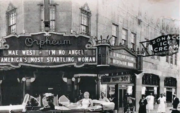 #121 That “startling woman” Mae West appears in front of the Orpheum Theatre in downtown Phoenix to promote her new movie in 1933.