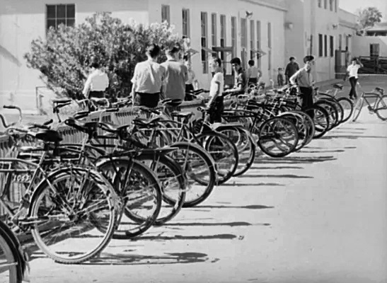 #85 Bicycles are parked outside Phoenix Union High School in May 1940.