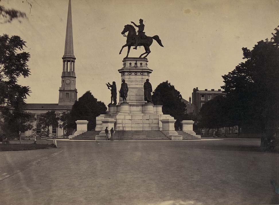 #137 Statue of George Washington on horseback on top of a monument in the Capitol Square area of Richmond, Virginia, 1865