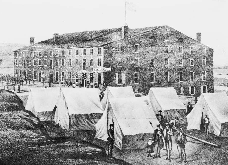 #36 Soldiers, other people, and tents of Confederates outside of Libby Prison, Richmond, Virginia, 1863