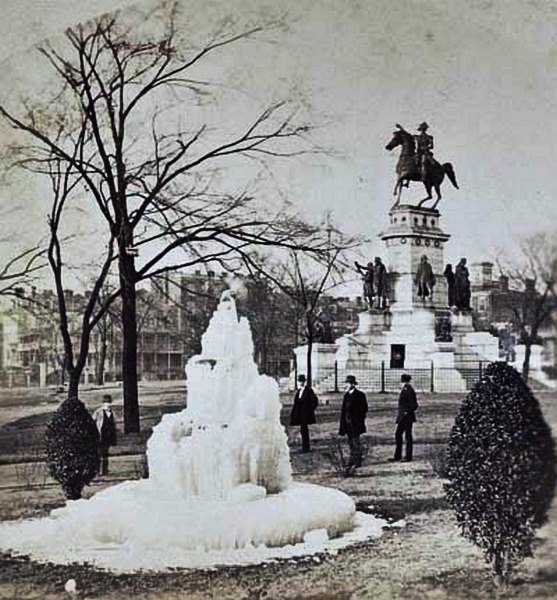 #44 A group standing around a frozen fountain in Capitol Square, near the Washington Monument in Richmond, Virginia, 1860