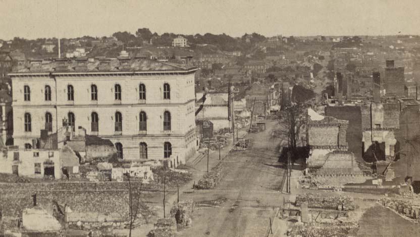 #90 An aerial view of ruins along a street in Richmond, Virginia, 1861