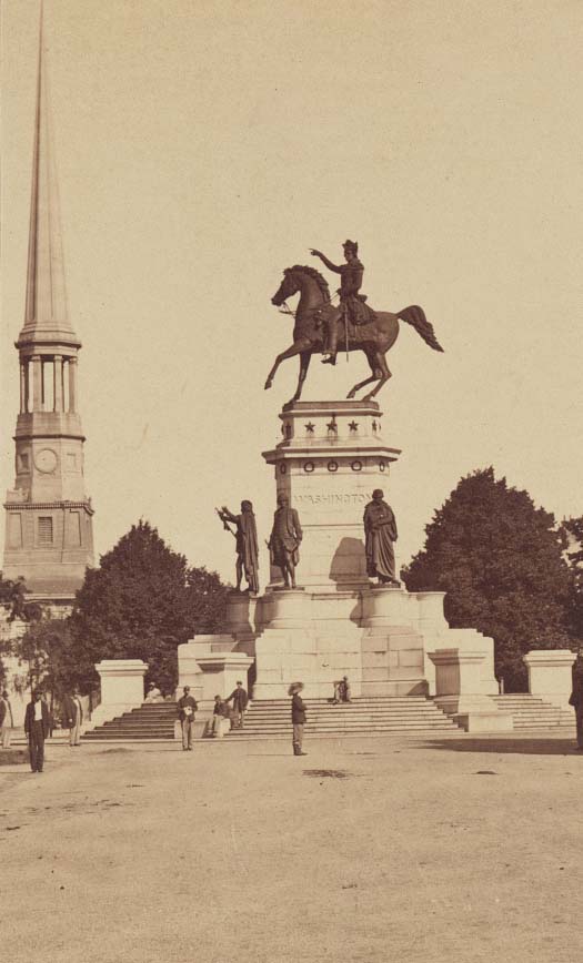 #99 Washington Monument, Capitol Square, Richmond with the spire of St. Paul’s Church on left, 1868