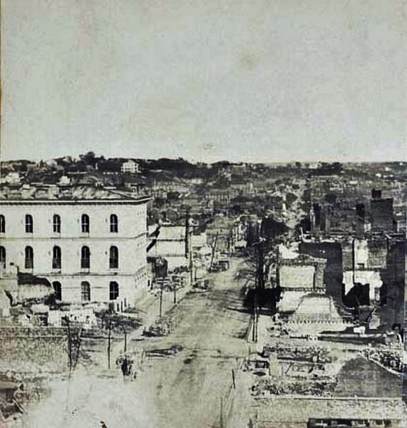 #108 An aerial view of demolished buildings after the Confederates abandoned the city in 1865.