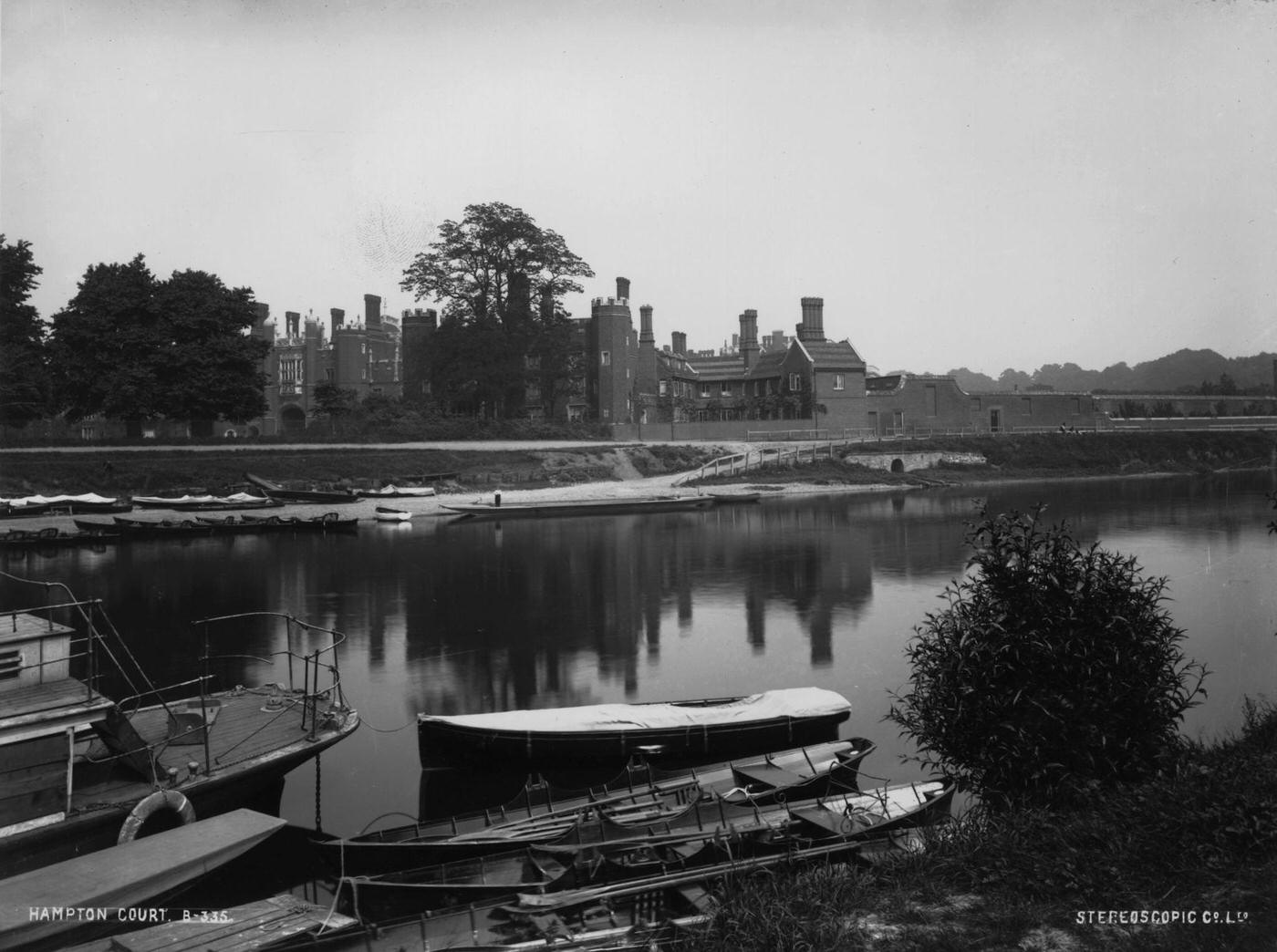 #133 Boats moored on the River Thames at Hampton Court Palace, 1900