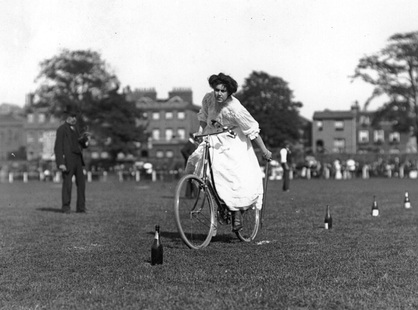 #135 A young woman competes in a gymkhana for bicycle riders at Richmond, 1905