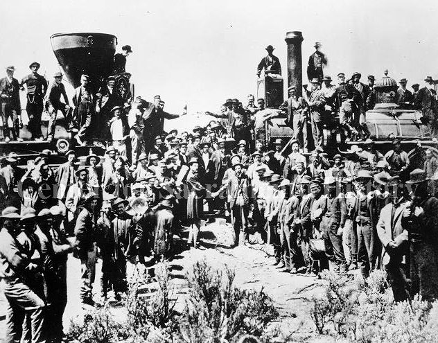 #65 Crowd and engines gathered for Transcontinental Railroad Golden Spike completion ceremony, 1869