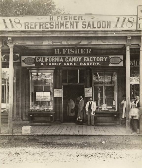 #76 The single-story Henry Fisher Refreshment Saloon and California Candy Factory and Fancy Cake Bakery at 118 J Street, 1869