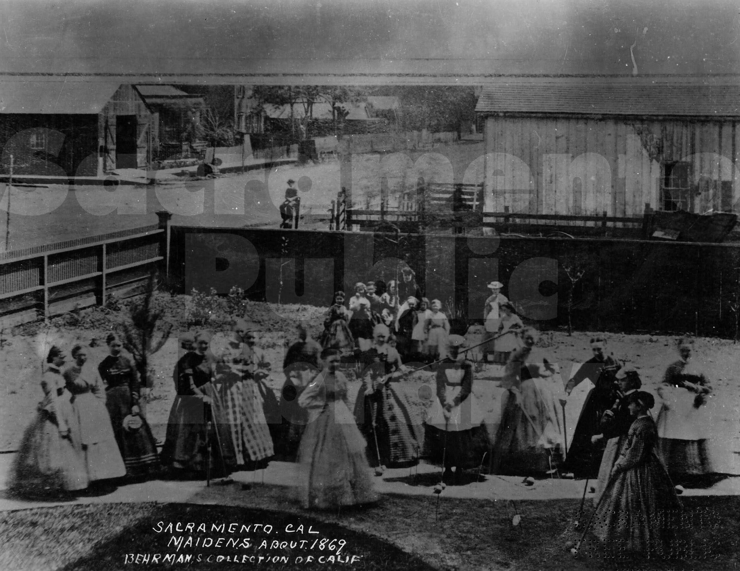 #89 Group of young Sacramento women playing croquet, 1867.