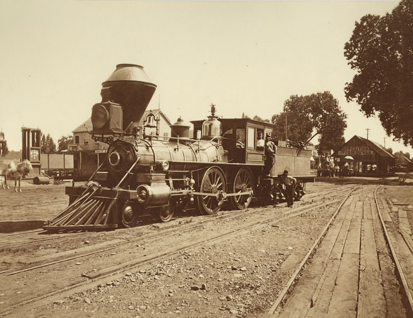 #2 Locomotive No. 162 on tracks at foot of U Street in Sacramento, 1869
