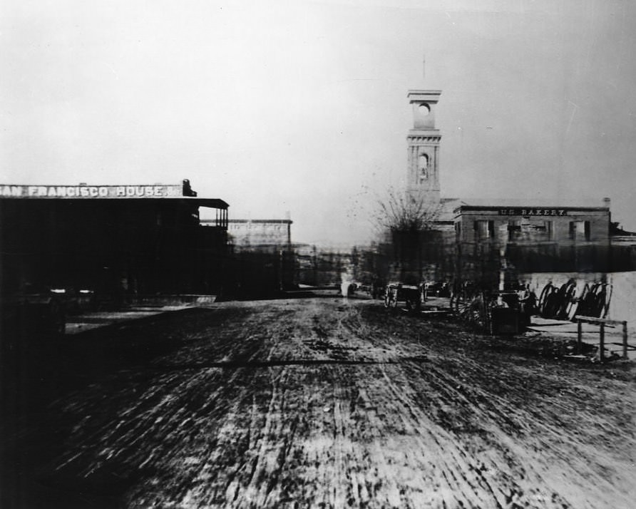 #113 An elevated view looking west on K Street from 7th Street is Street, 1869. Rose of Lima Catholic Church.