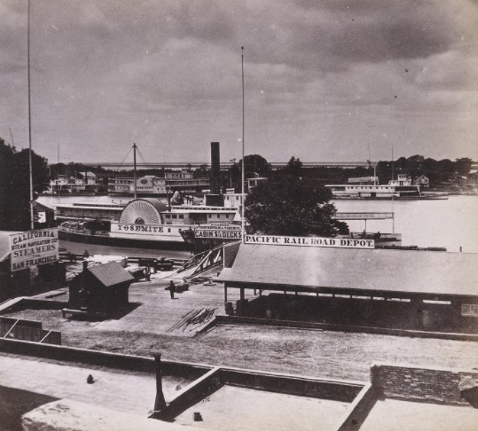 #124 Steamer Landing, and Pacific Railroad Depot, Sacramento City, 1860s