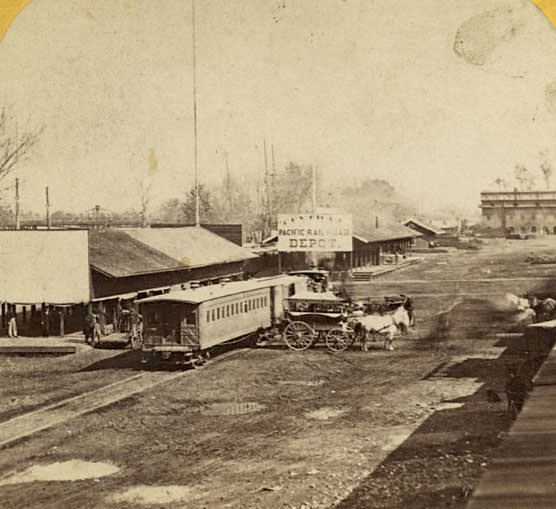 #5 The Railroad Depots on the Levee, Sacramento City, 1866