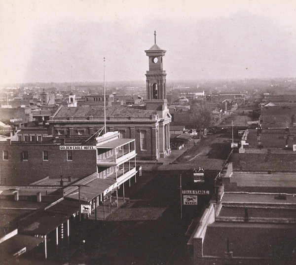 #151 Sacramento City, K Street, looking East from the Masonic Hall, 1860s