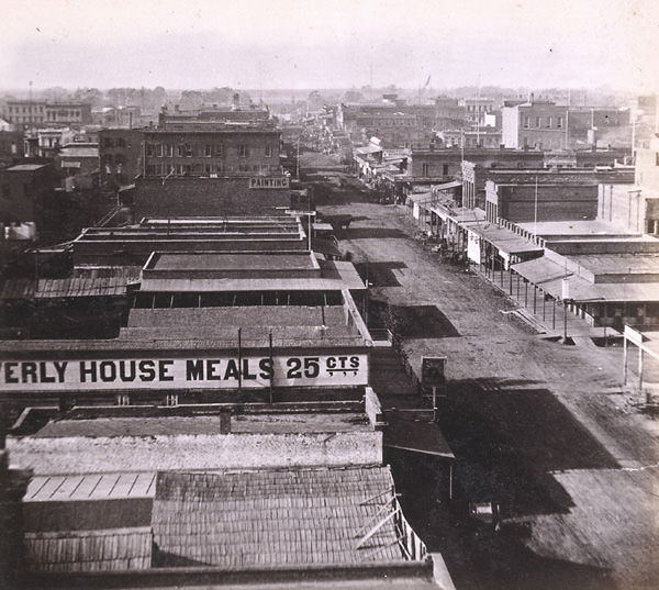 #154 Sacramento City, K Street, looking West from the Masonic Hall, 1860s