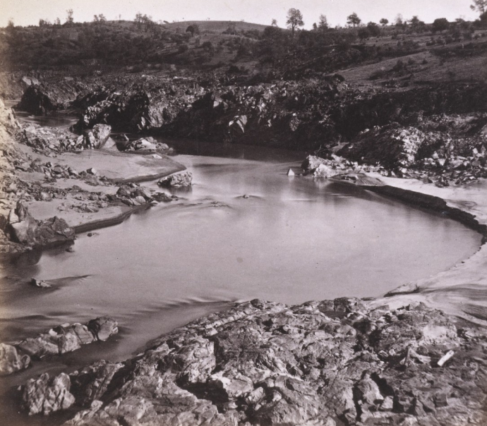 #166 View of the American River from the Suspension Bridge at Folsom, Sacramento County, 1860s