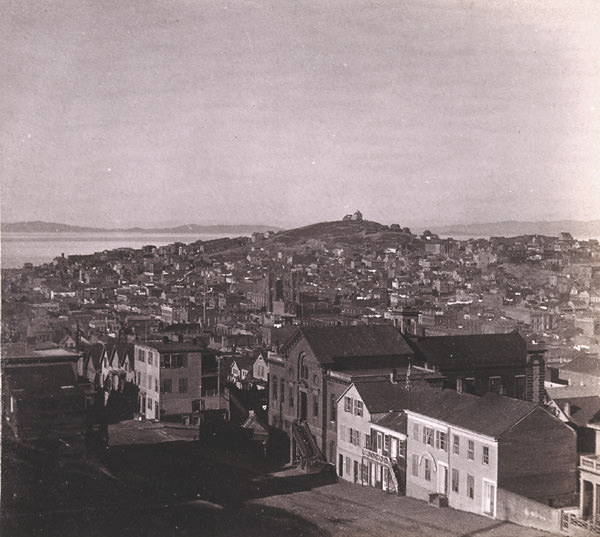 #177 Telegraph Hill from corner Sacramento and Powell streets, 1860s