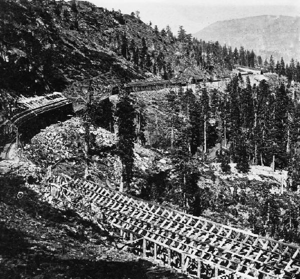 #32 The Central Pacific snowsheds at Black Butte, near Cisco in 1867. It took three years to build the sheds.