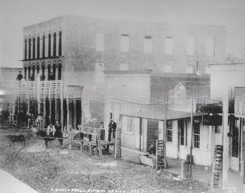 #22 Old Sacramento street scene Wells Fargo Express Office 1863 Post Office Union Hotel Sacramento.