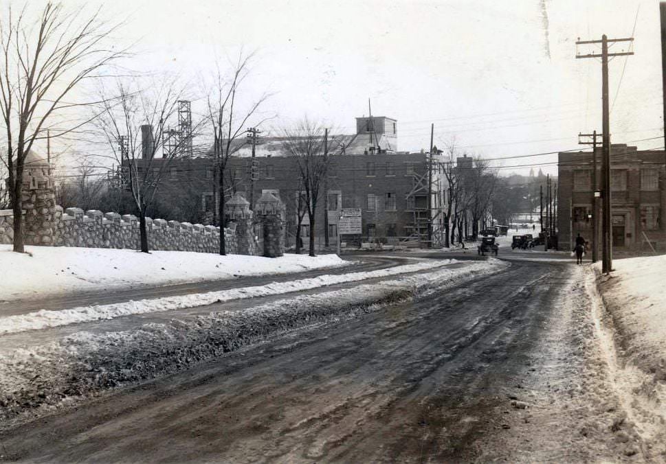 #3 Construction site of a new plant for Barker’s Bread Limited, on the south side of Davenport Road, opposite Casa Loma at Kendal. View is looking south on Walmer towards Davenport Road. Now part of George Brown, 1930