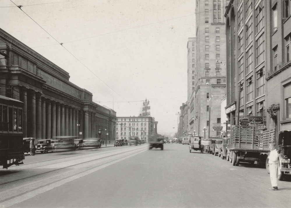#137 Walker House Hotel, located at the south-west corner of Front Street West and York Street. View is looking west from Bay Street, 1933