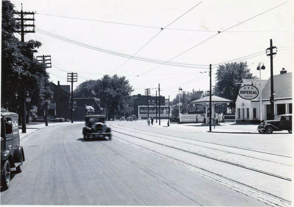 #166 Davenport Road, east of Avenue Road. View is looking east. An Imperial Gasoline Service Station is on the right, 1936