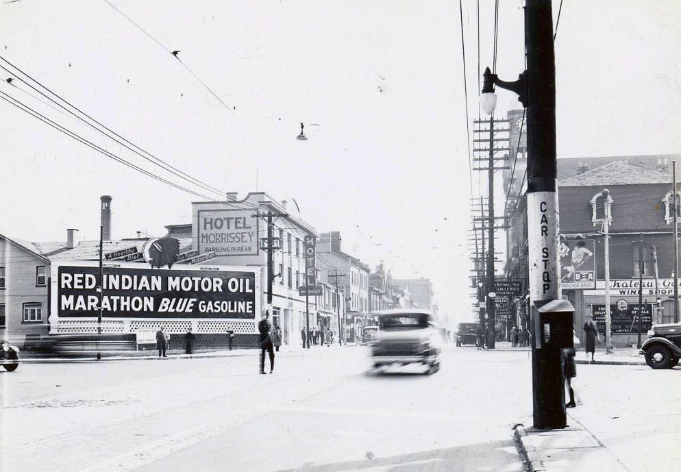 #19 Yonge Street, at Church Street looking south to the Morrissey Hotel, 1936