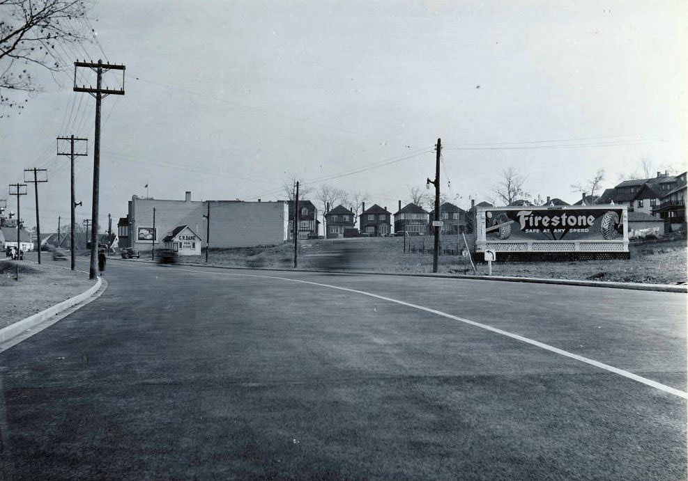 #62 Looking east on Bloor towards South Kingsway. Big building in the distance still stands as Dogtopia of Bloor West Village, 1937