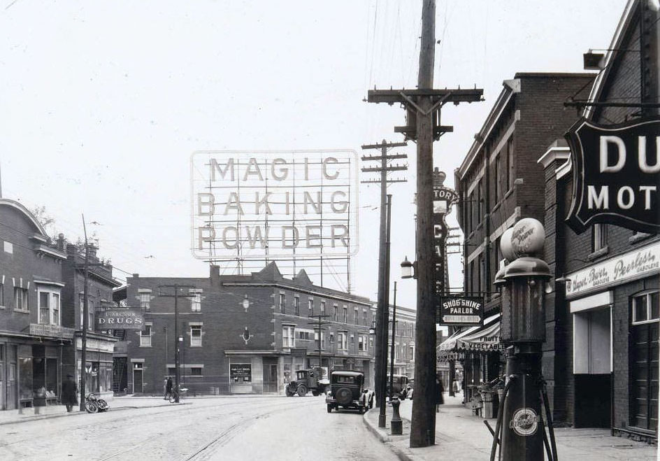 #67 Magic Baking Powder – Electric sign, located atop a building at the south-west corner of College and Grace streets, 1937