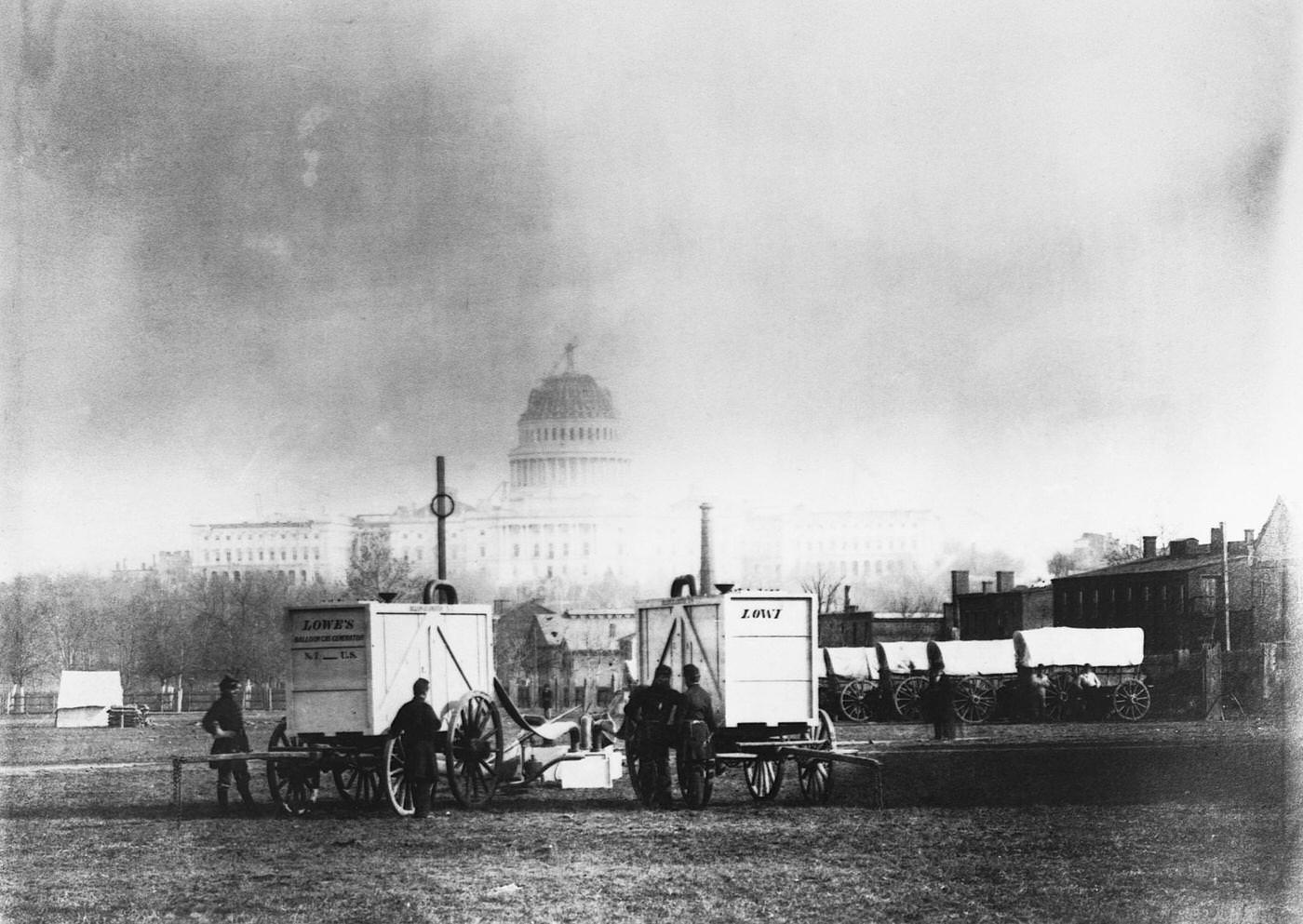 #78 Professor Thaddeus Lowe sets up balloon gas generators in sight of the U.S. Capitol, Washington, D.C., 1861.
