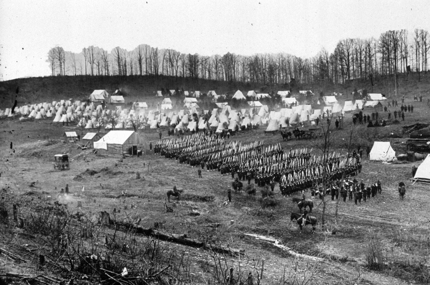 #185 Members of the Union Army’s 96th Pennsylvanian Regiment carry out a drill at Camp Northumberland outside Washington DC.