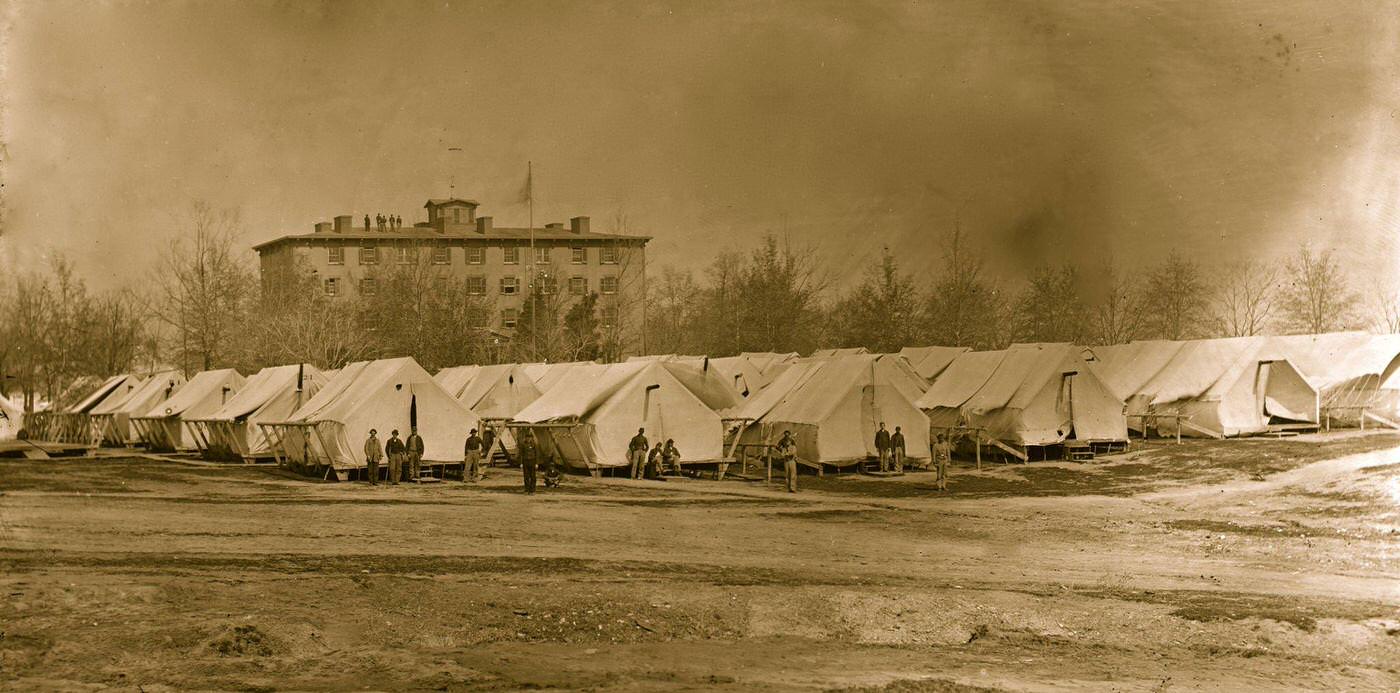 #125 Hospital tents at Camp Carver, with Columbian College building in the background, Washington, D.C., May 1864.