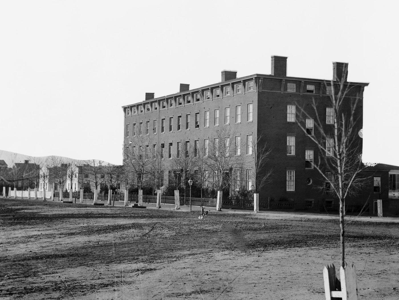 #131 Exterior view of Douglas Hospital (formerly ‘Minnesota Row’) at 2d and I Streets NW, Washington, DC, 1864.
