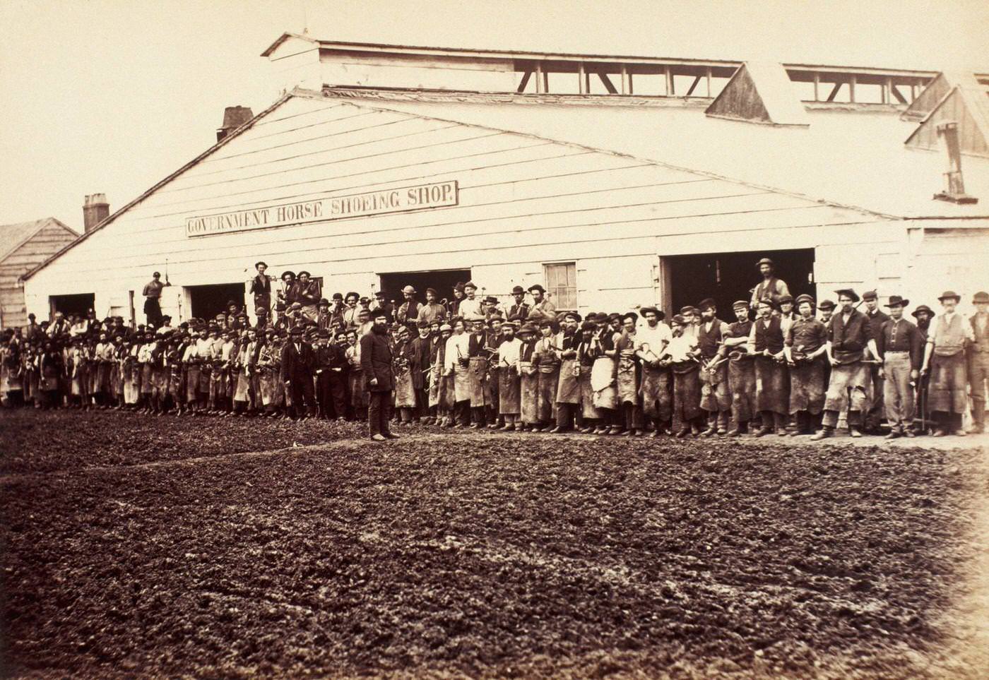 #157 Hundreds of blacksmiths were employed during the Civil War at the Government Horse Shoeing Shop in Washington, D.C., 1865