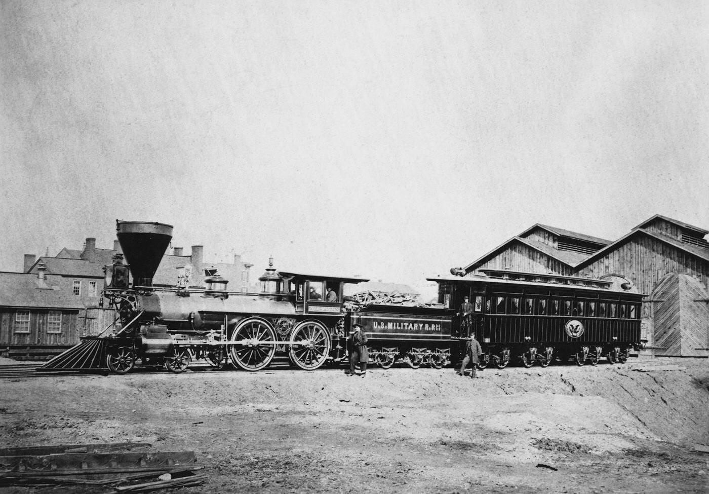 #159 The train carrying President Abraham Lincoln’s casket during his funeral remains idle at the station, Washington, D.C., 1860s