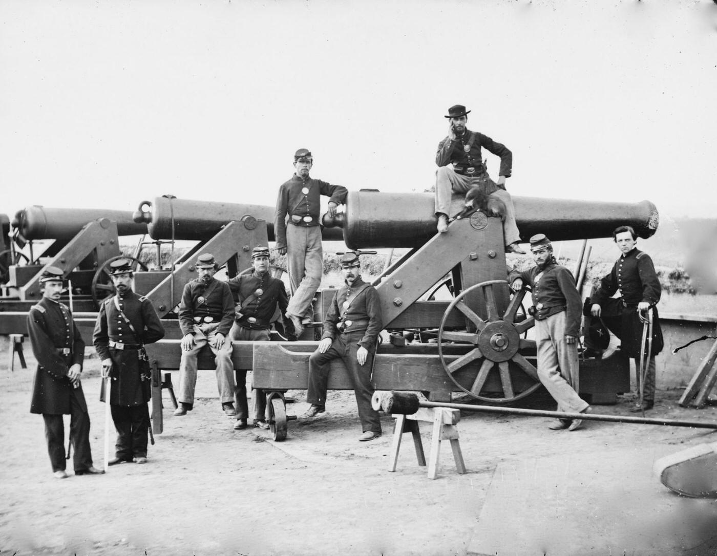 #170 Officers and men of the 3rd Regiment Massachusetts Heavy Artillery stand next to their Columbiad guns, Fort Totten, Washington, D.C., 1865