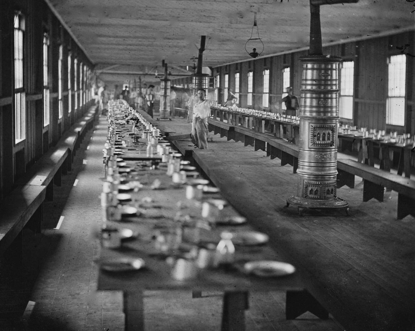 #178 Interior view showing the mess hall at Harewood Hospital, heated by elaborate stoves, Washington, D.C., 1865
