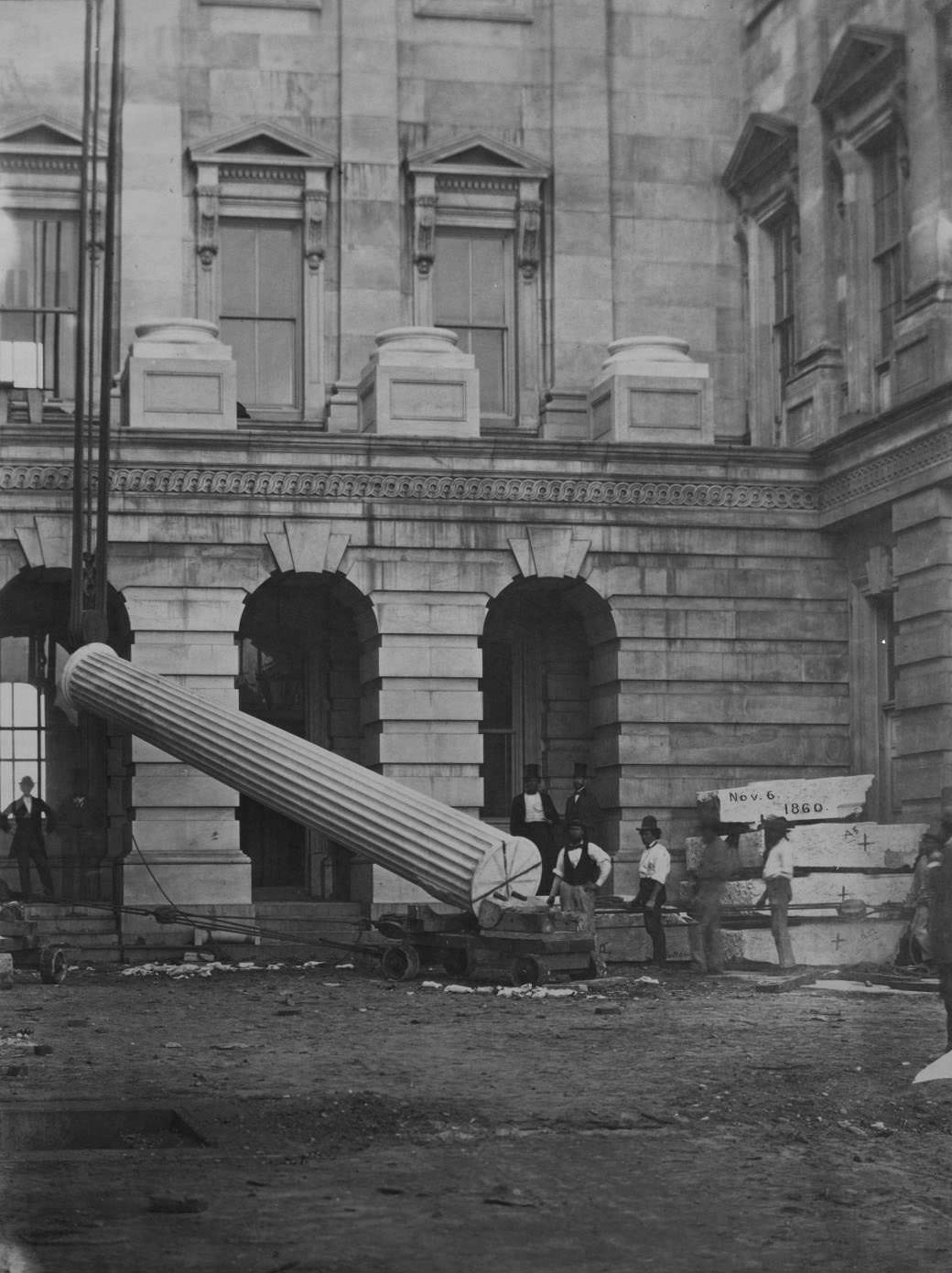 #183 The ‘Lincoln column,’ first monolith raised, Nov. 1860, Presidential election, being S. column of connecting corridor.