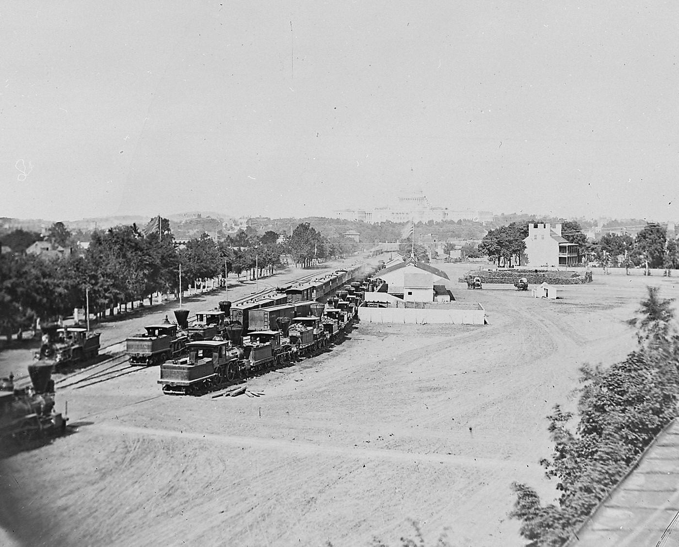 #31 View of trains in the Maryland Avenue depot, Washington DC, 1860s.