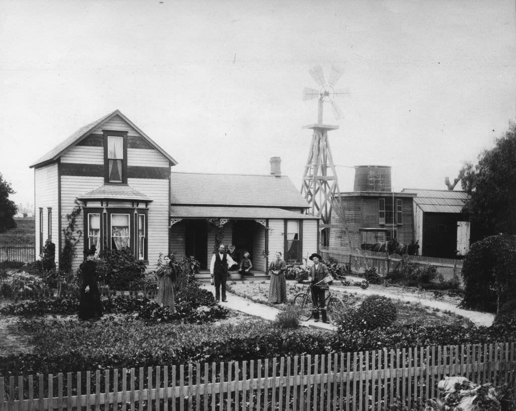 #110 Residence of the John Fredrick Hein family, located at the southwest corner of County Road (now Lincoln Ave.) and Brookhurst Street (possible 925 West Lincoln Ave.), Anaheim, 1896