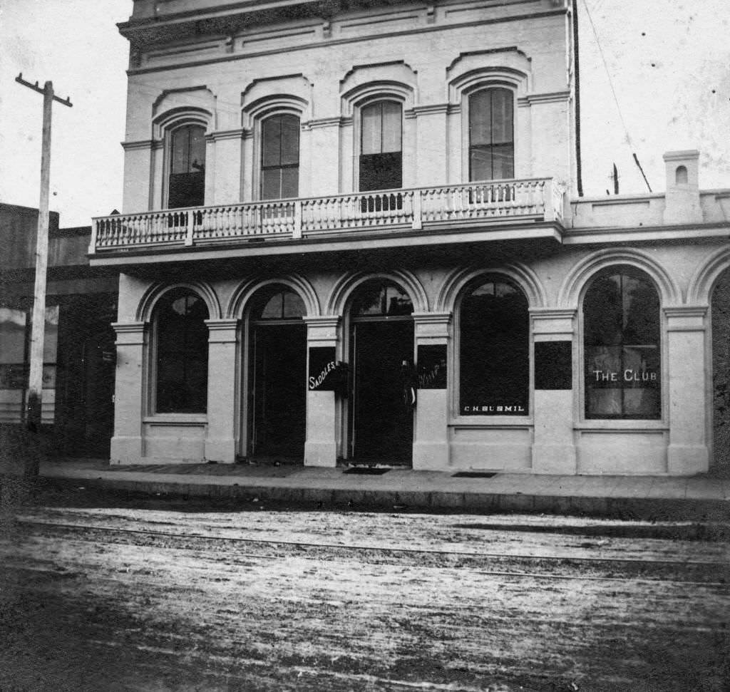 #113 Kroeger building, located in 100 block on south side of Center Street (later Lincoln Ave.), Anaheim, 1895