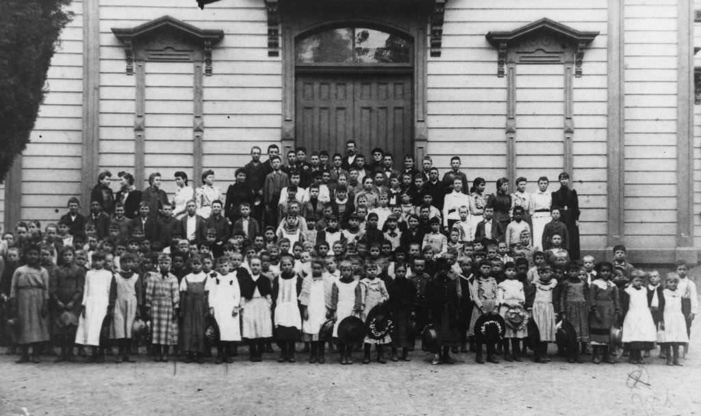 #153 Group portrait of all students and teachers at Central School, Anaheim, 1892