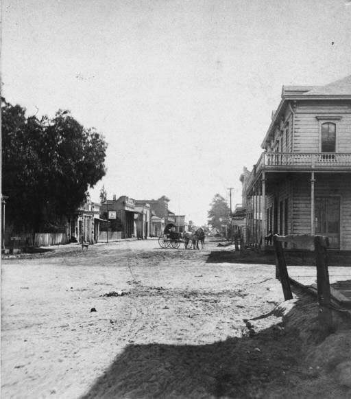 #40 A stereoscopic view looking East on Center Street at the corner of Lemon Street, Anaheim, 1868