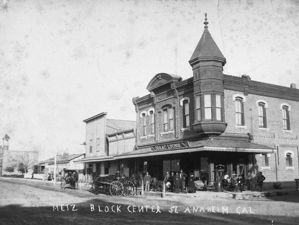 #11 Metz Block buildings, located at 106 South Los Angeles Street (later Anaheim Blvd.) at the the southeast corner of Center Street (later Lincoln Ave.), 1889