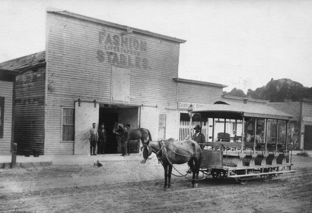 #67 Anaheim Streetcar in Front of the Fashion Stables, Anaheim, 1887