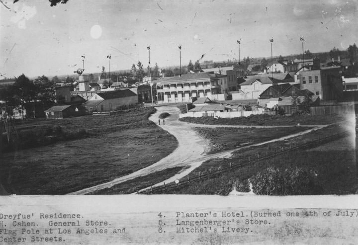 #76 Two people stand in the middle of the road with the city buildings behind them, Anaheim, 1885