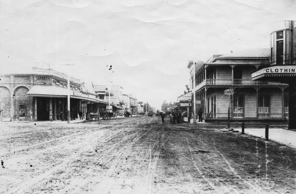 #89 Looking West on Center Street, Anaheim at the corner of Los Angeles Street, Anaheim, 1890