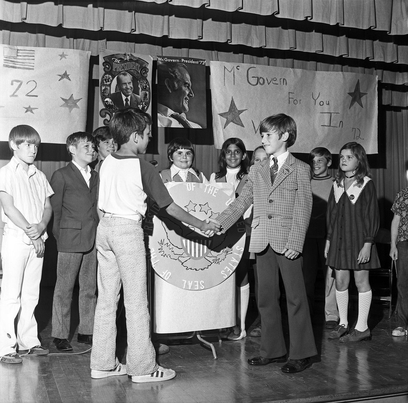 #38 Children volunteering for a national children’s poll for the 1972 presidential election, conducted by the “Hoot Owl” children’s newspaper in Arlington, tabulated at Six Flags Over Texas.