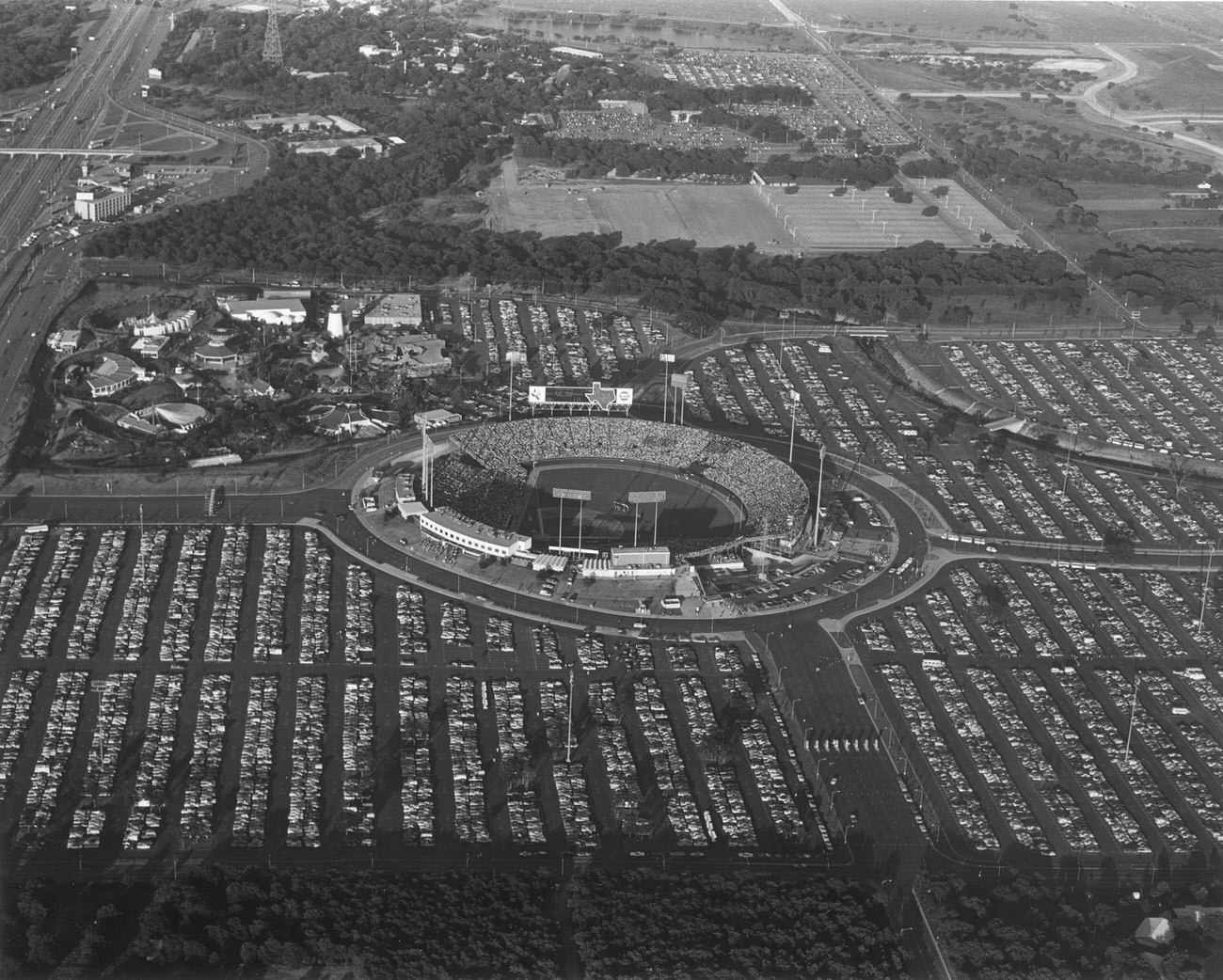 #23 Aerial view of Arlington Stadium and parking lots, 1973