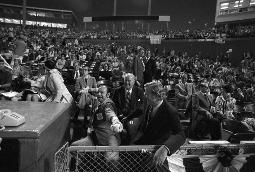 #74 Opening day of Texas Rangers baseball with Arlington Mayor Tom Vandergriff waiting to throw the opening pitch, 1972